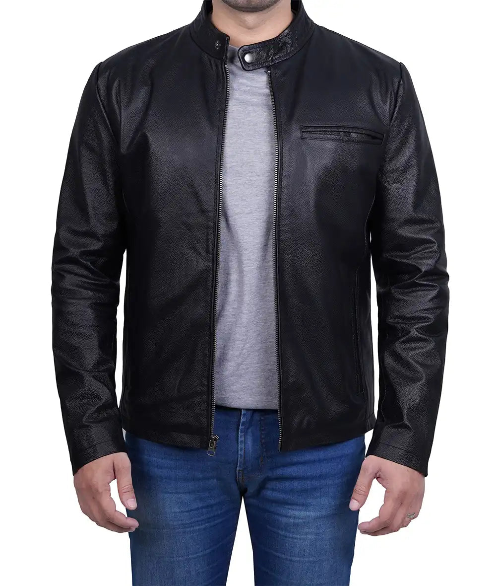 Men's Premium Black Cowhide Cafe Racer Leather Jacket image 1