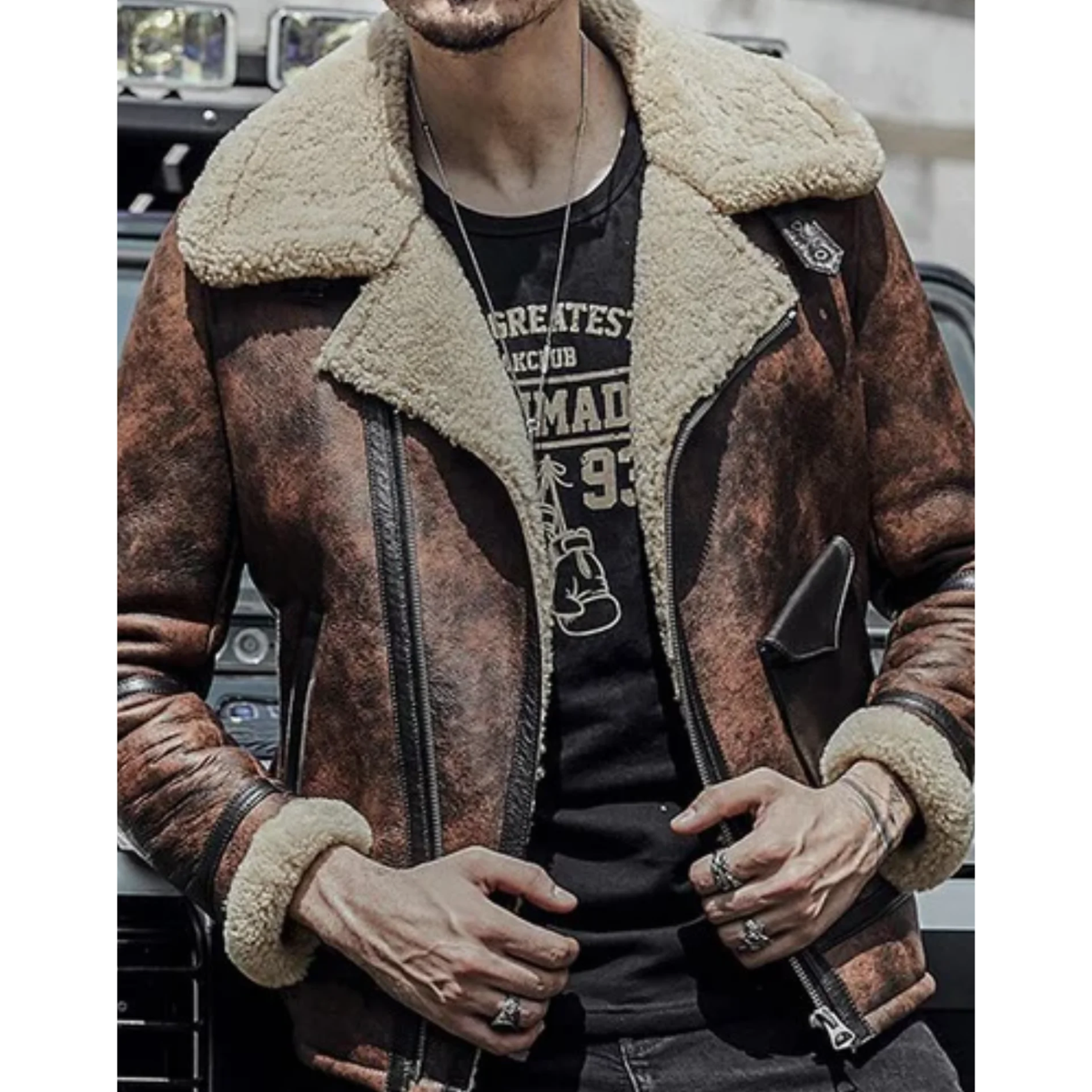 Mens Waxed Brown Flying Aviator Leather Shearling Jacket image 0