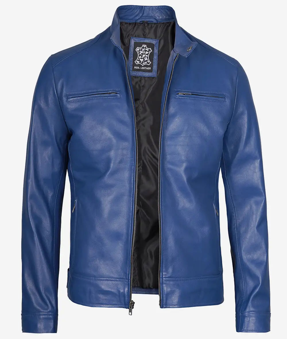 Men's Cafe Racer Classic Blue Leather Jacket image 1