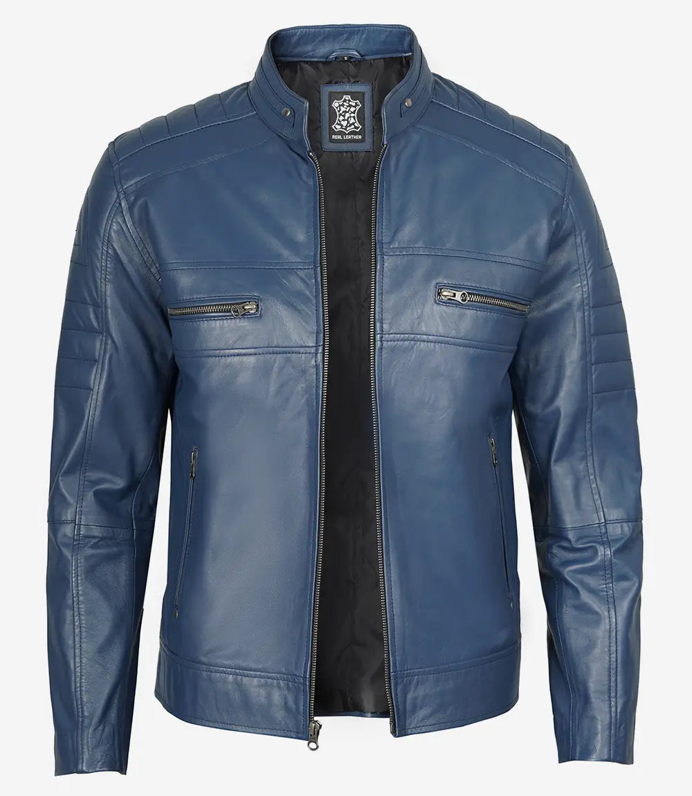 Men's Stylish Slim Fit Blue Cafe Racer Leather Jacket image 1