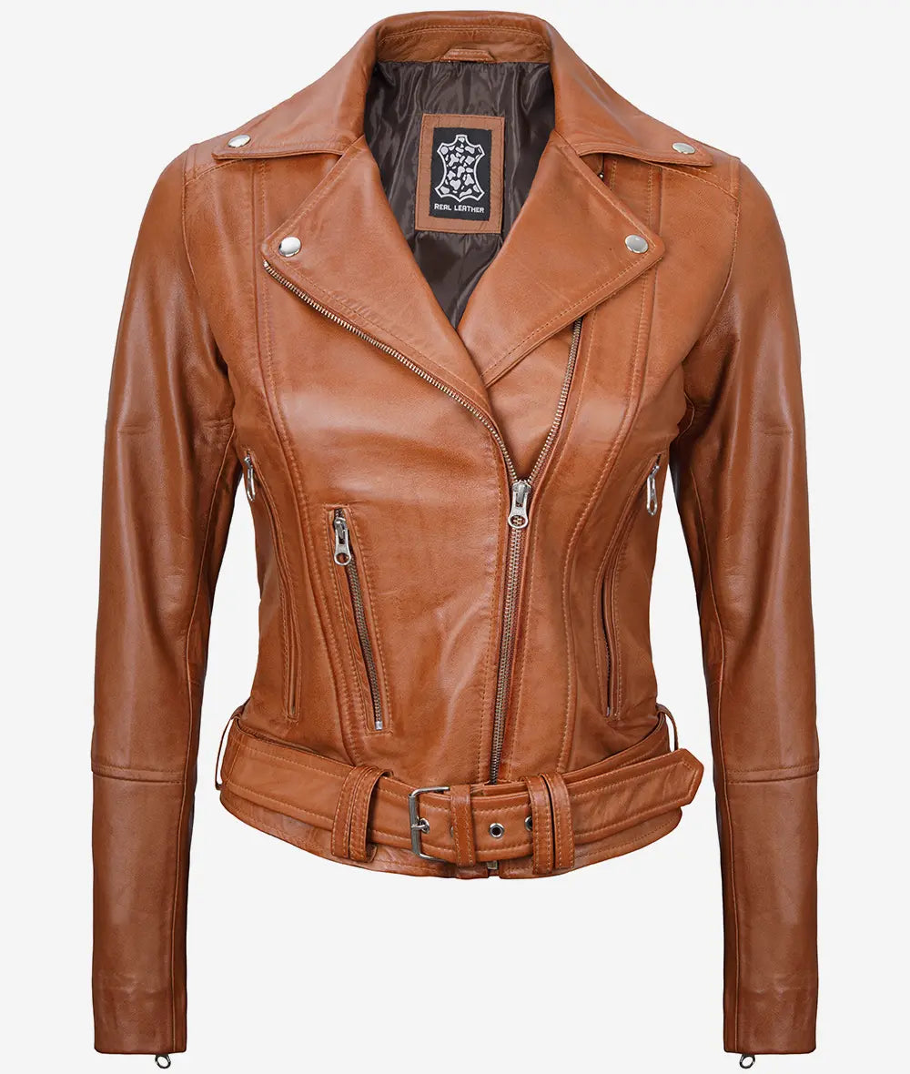Women's Brown Asymmetrical Belted Leather Jacket image 0