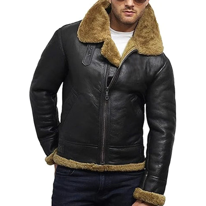 Men's B3 Faux Shearling Flying Bomber Black Leather Jacket image 1