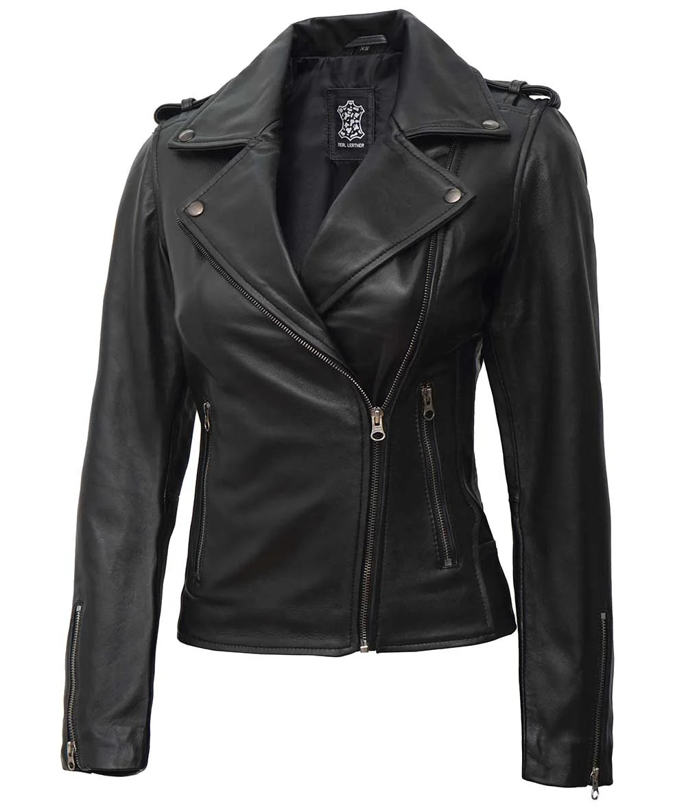 Women's Asymmetrical Black Biker Style Leather Jacket image 0
