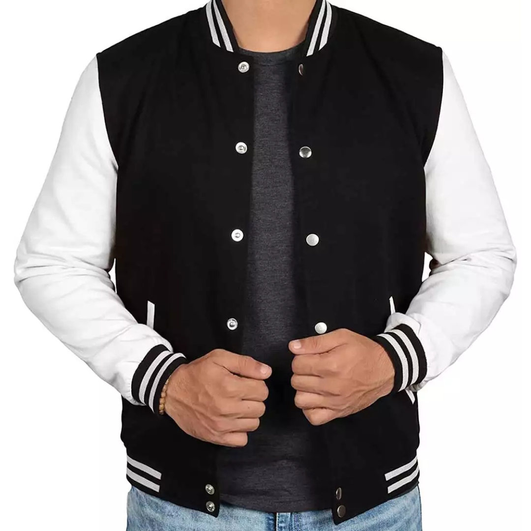 Men's Black and White Letterman Baseball Jacket - Bomber Style image 1