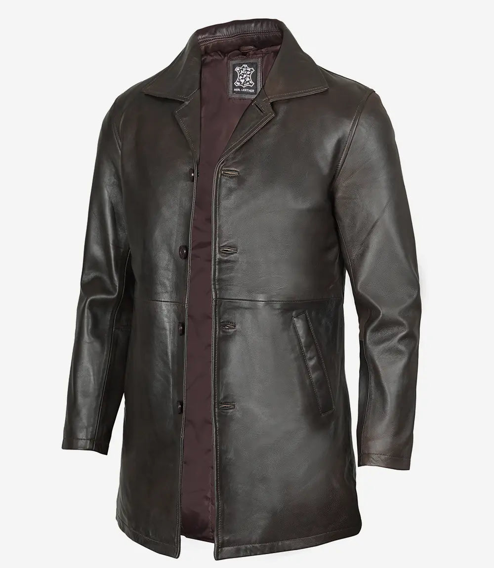 Men's Dark Brown Real Leather Car Coat image 0