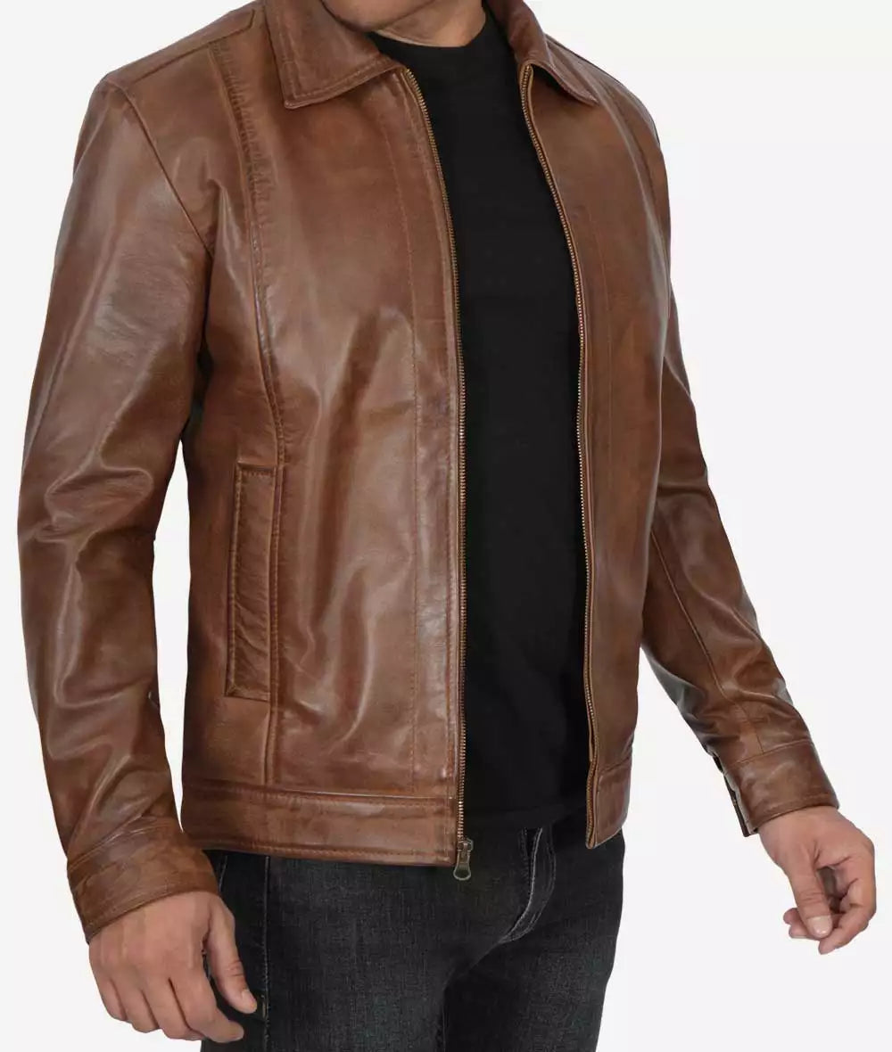 Reeves Men's Chocolate Brown Shirt Collar Leather Jacket image 0