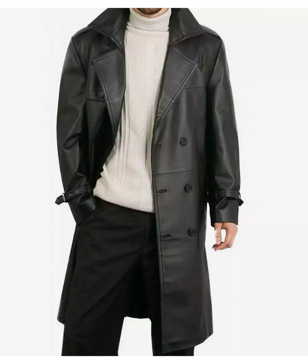 Men's Double-Breasted Premium Black Lambskin Leather Coat image 1