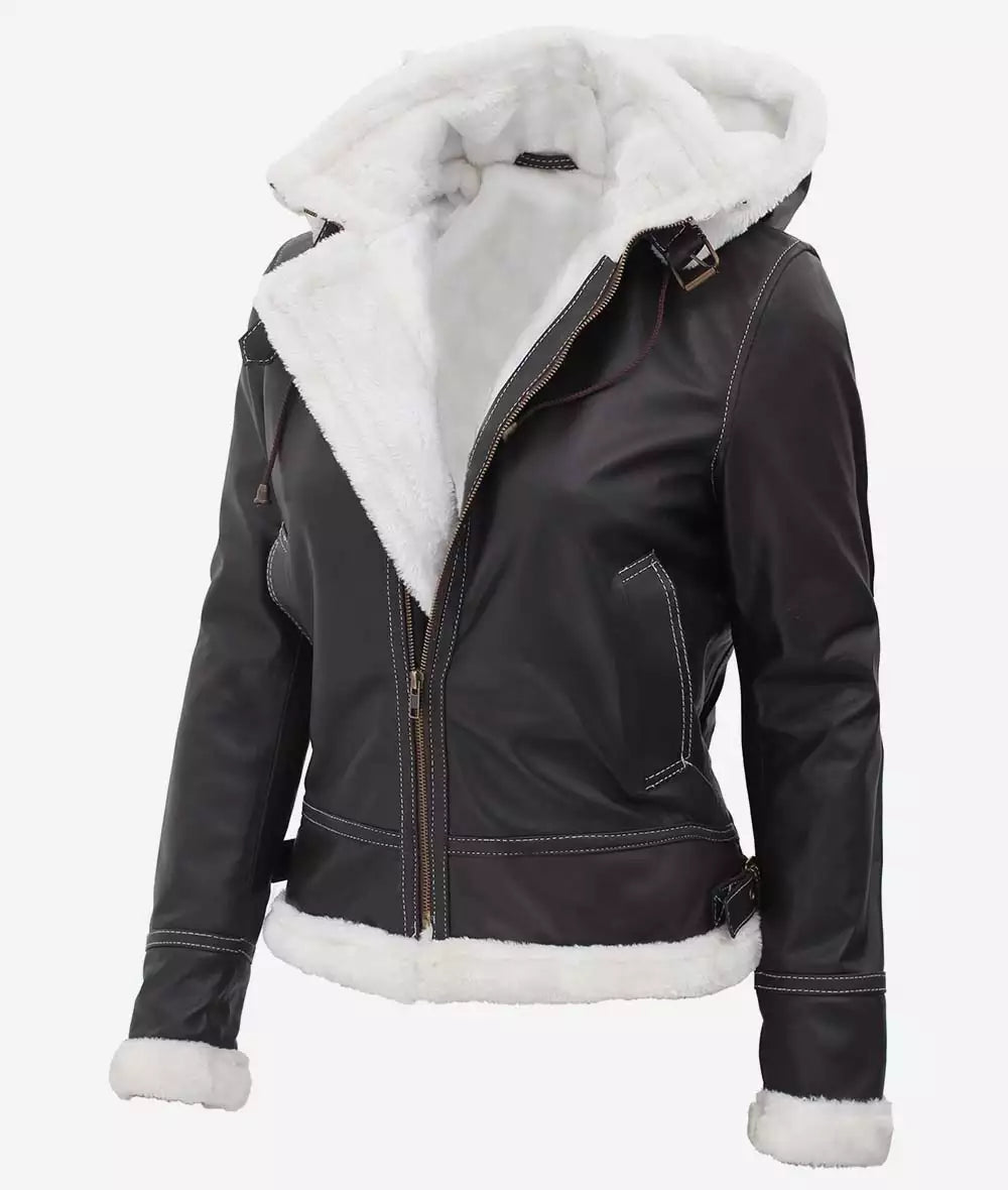 Women's B3 Brown Mary Hooded Shearling Bomber Jacket image 1
