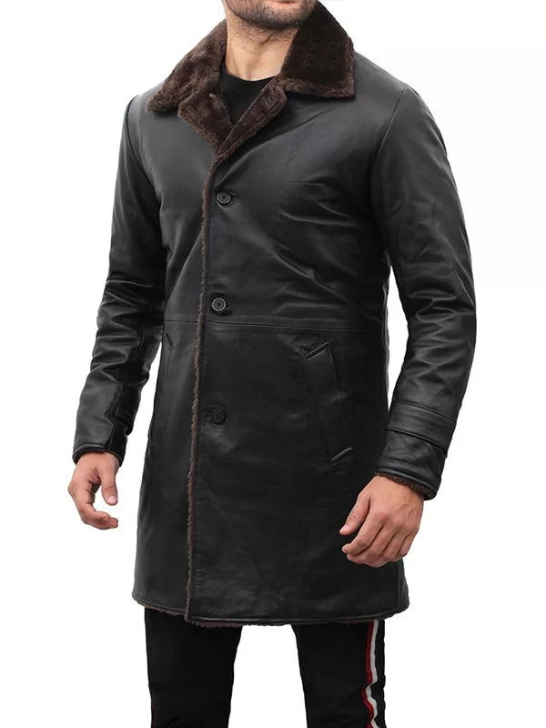 Mens Leather Shearling Black Coat image 1