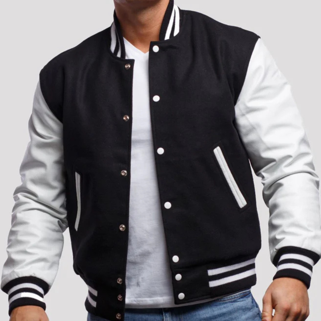 Black Wool Varsity Jacket with Bright White Leather Sleeves image 0