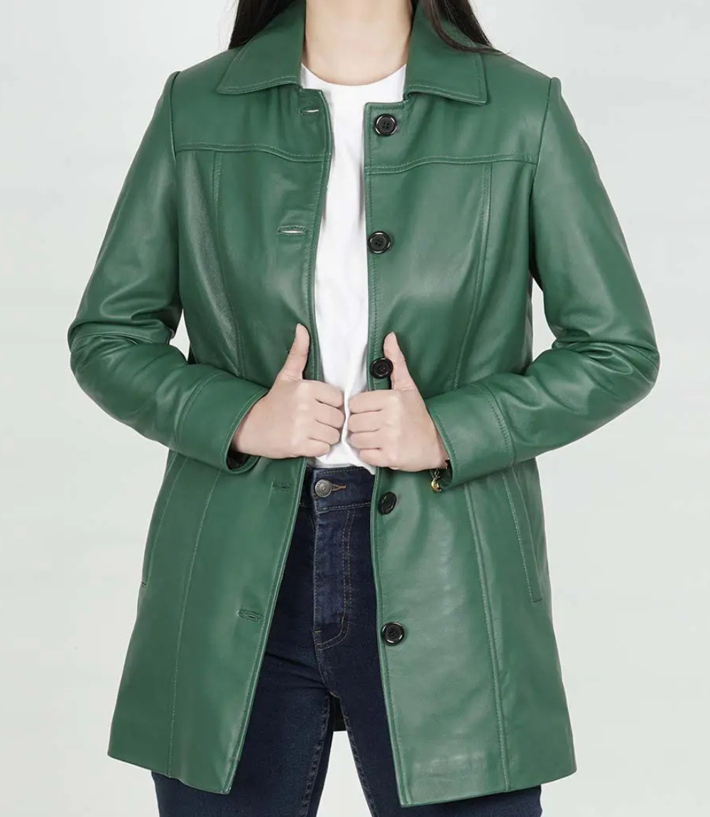 Women's Real Leather 3/4 Length Button Down Green Coat image 1