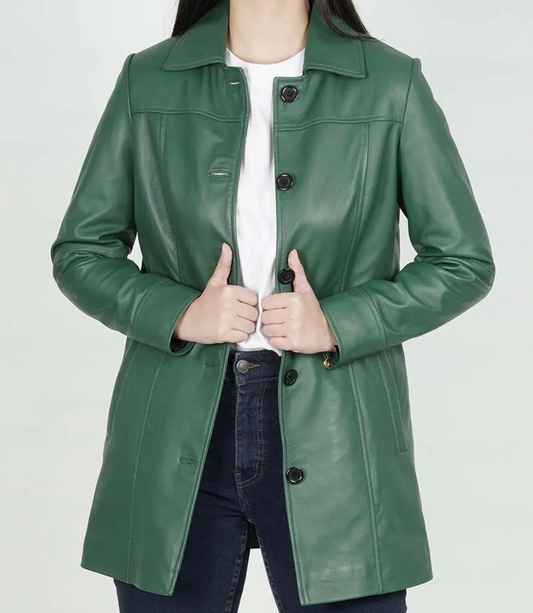 Women's Real Leather 3/4 Length Button Down Green Coat image 1