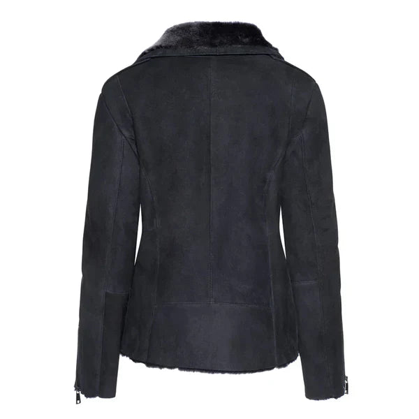 Women's Black Shearling Straight Moto Leather Jacket image 1