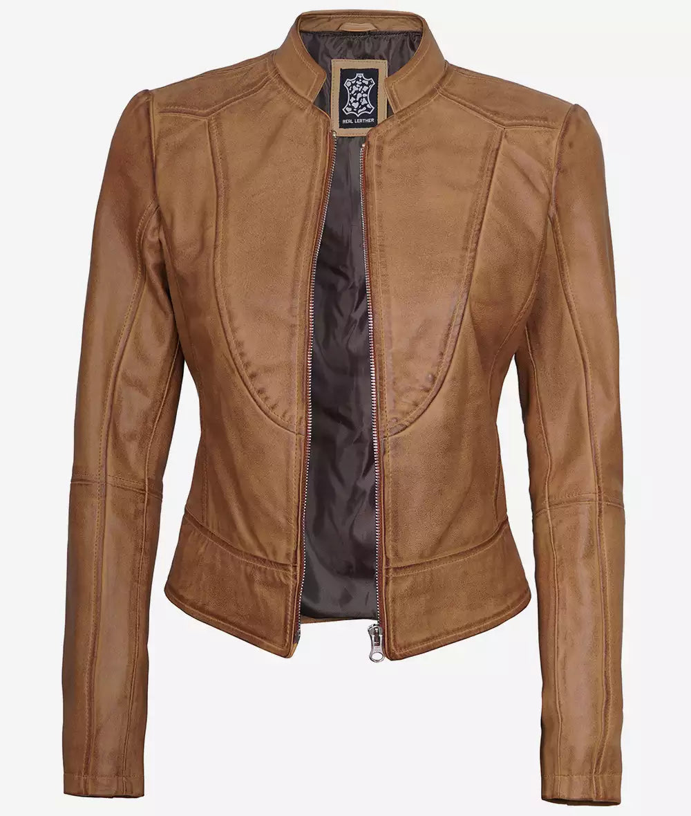 Amy Womens Slim Fit Camel Brown Leather Jacket image 0