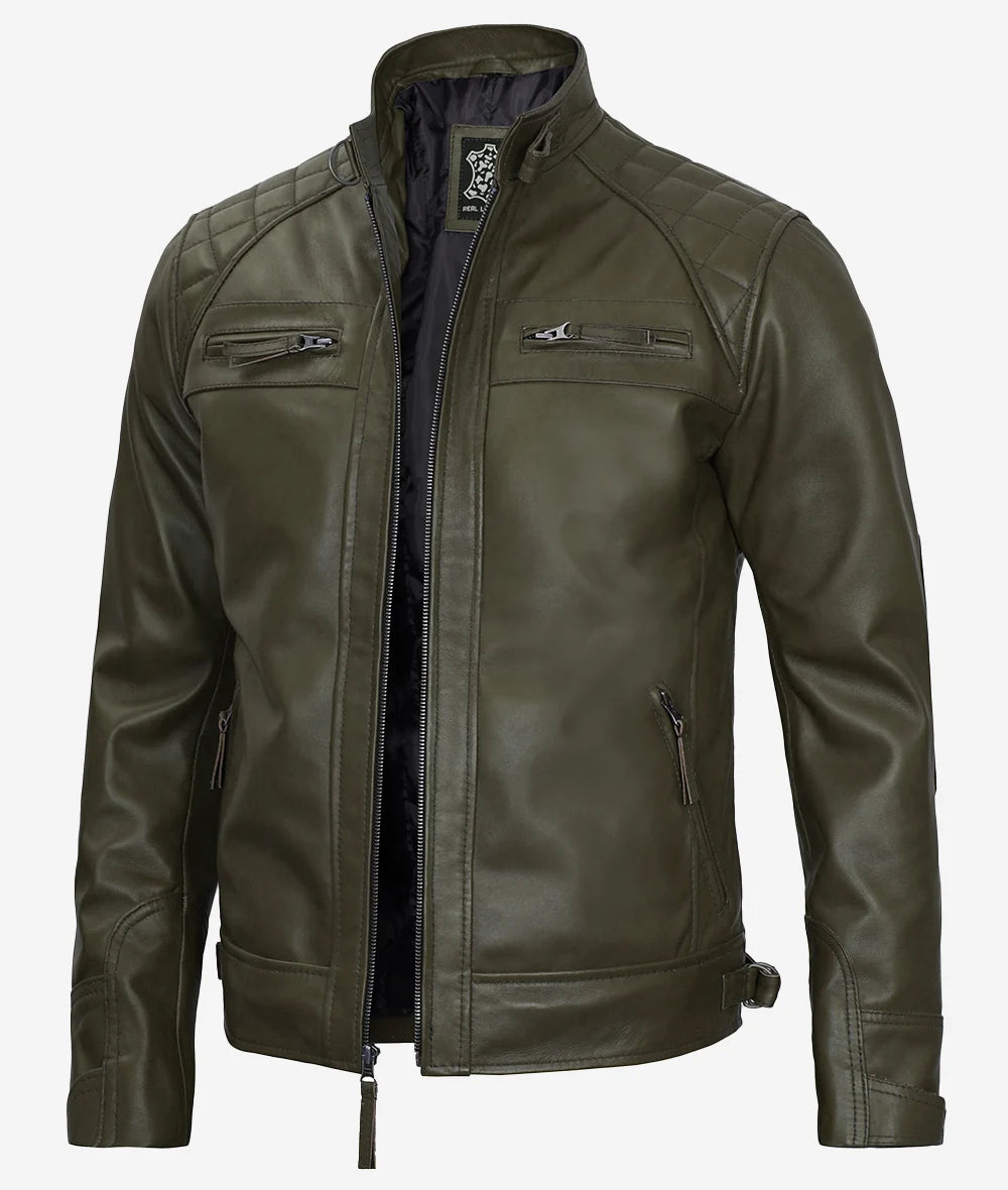 Men's Military Green Quilted Shoulder Cafe Racer Leather Jacket image 0