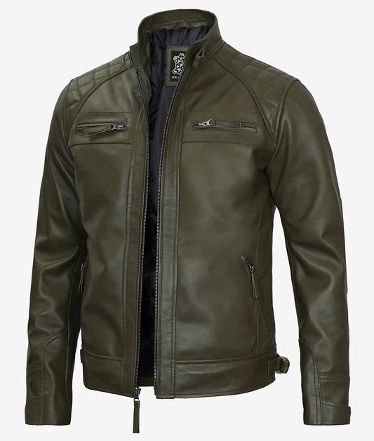 Men's Military Green Quilted Shoulder Cafe Racer Leather Jacket image 0
