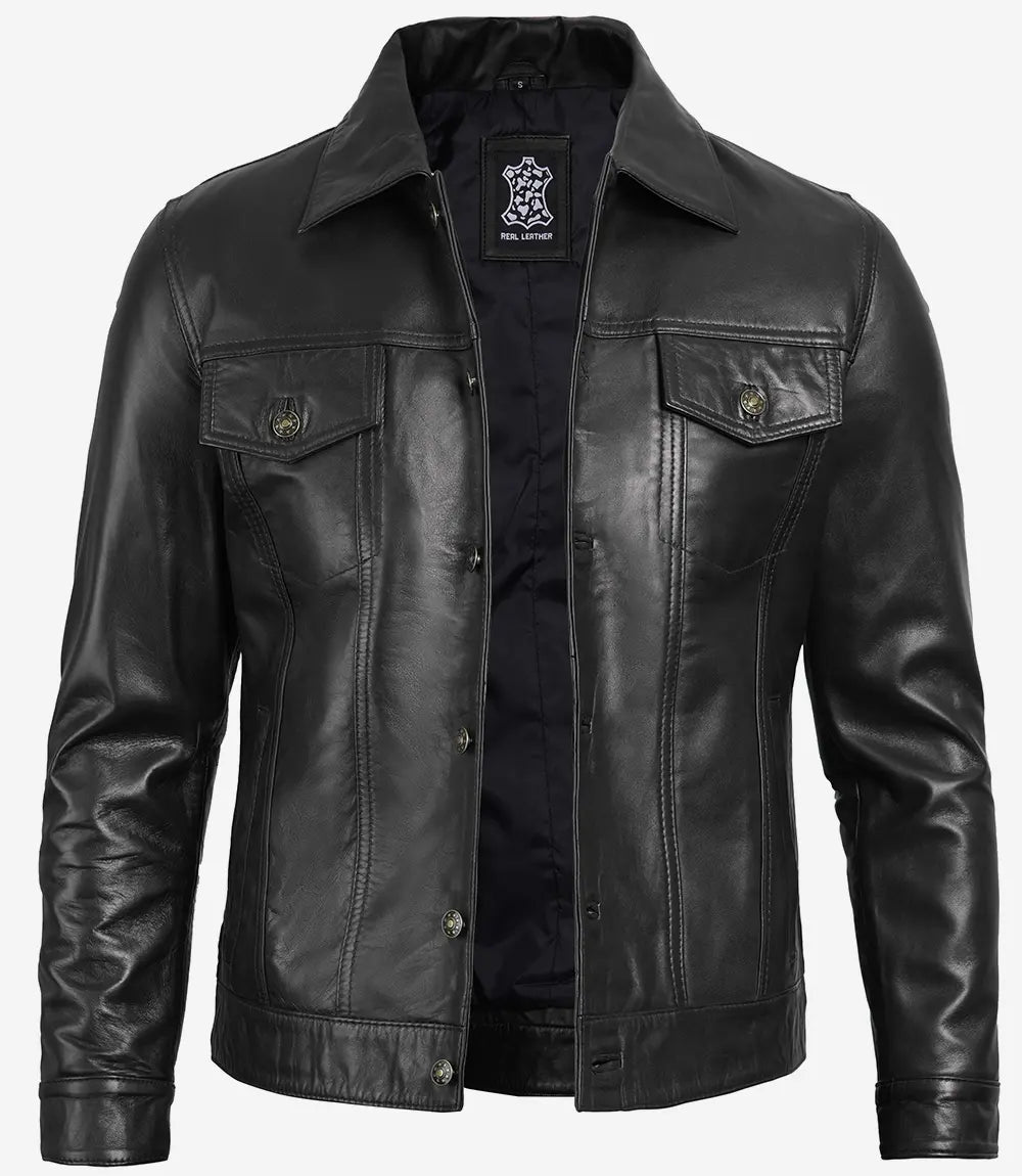 Men's Four Pocket Black Trucker Leather Jacket image 1