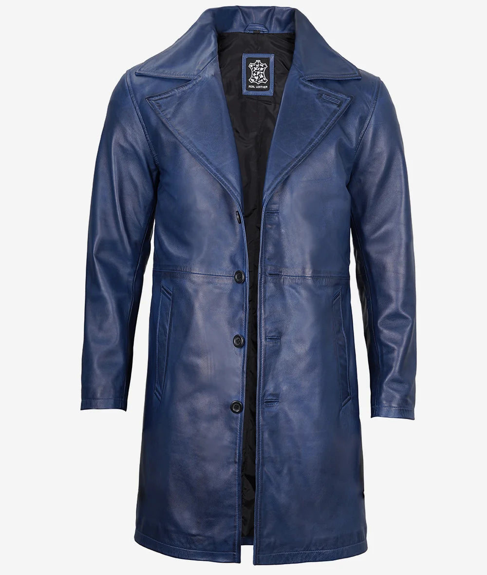 Men's Blue 3/4 Length Real Leather Car Coat image 1