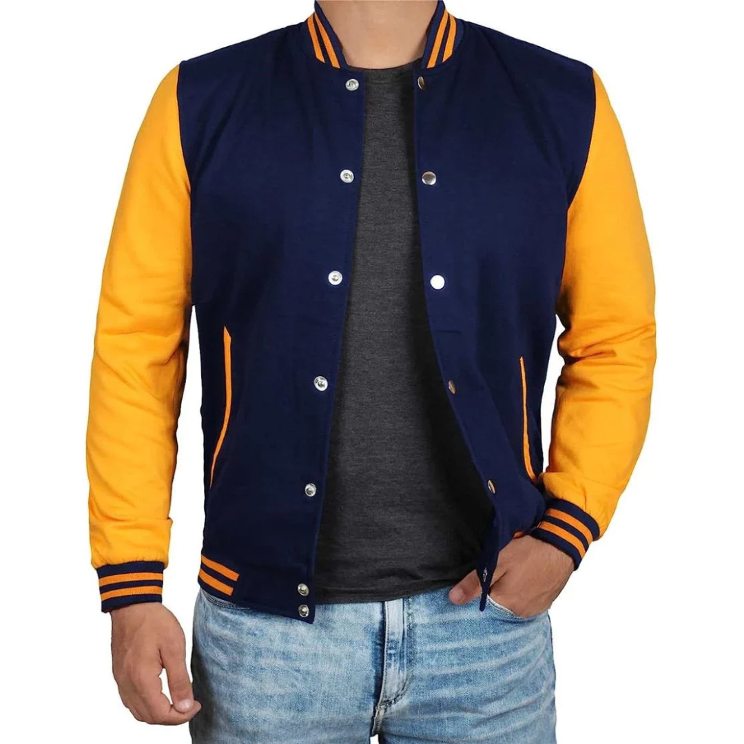 Men's Blue and Yellow Baseball Style Varsity Jacket - Letterman Bomber Jacket image 1