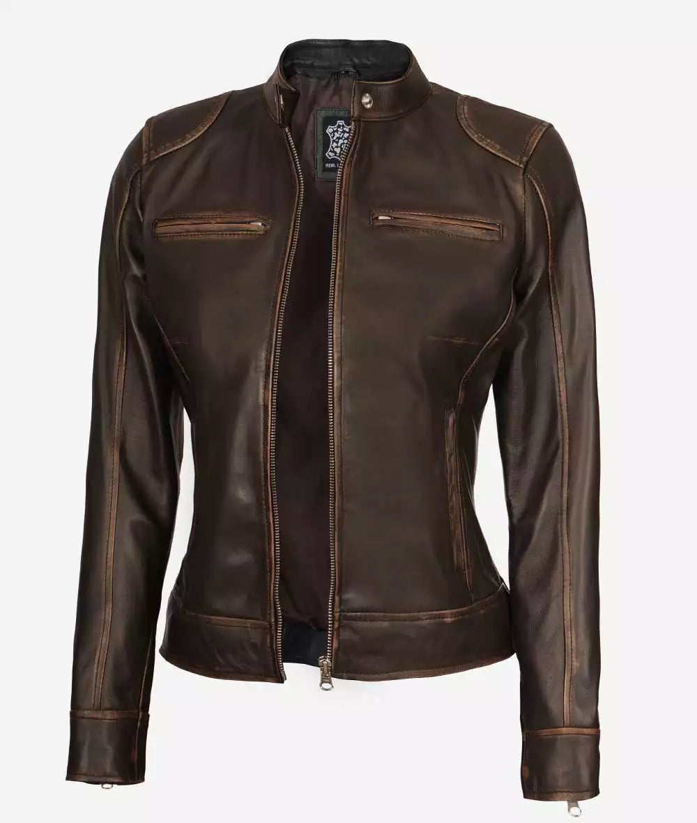 Dodge Women's Dark Brown Cafe Racer Leather Jacket image 1