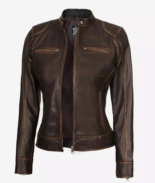 Dodge Women's Dark Brown Cafe Racer Leather Jacket image 1