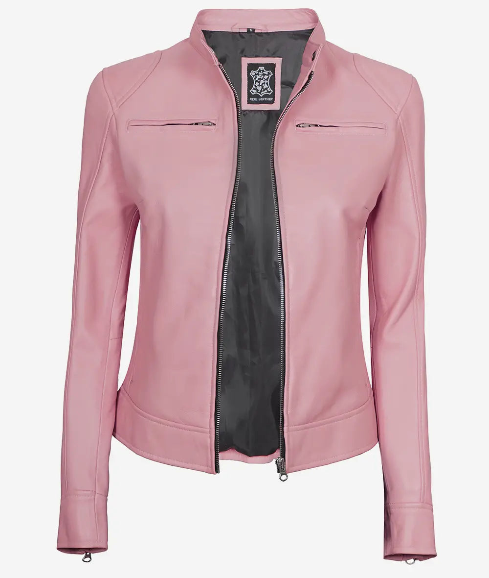 Dodge Women's Light Pink Cafe Racer Leather Jacket image 1