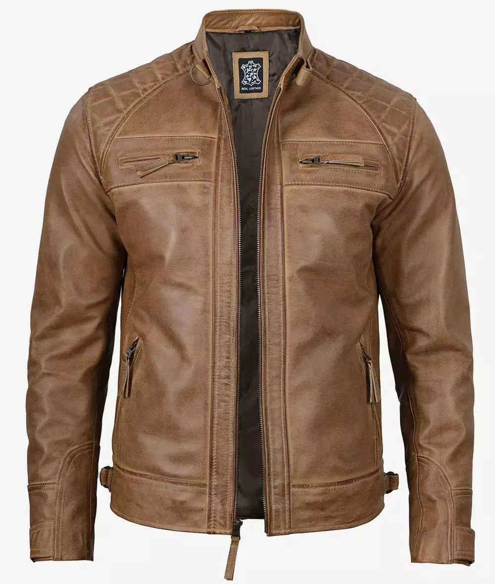 Men's Camel Brown Quilted Shoulder Cafe Racer Leather Jacket image 1