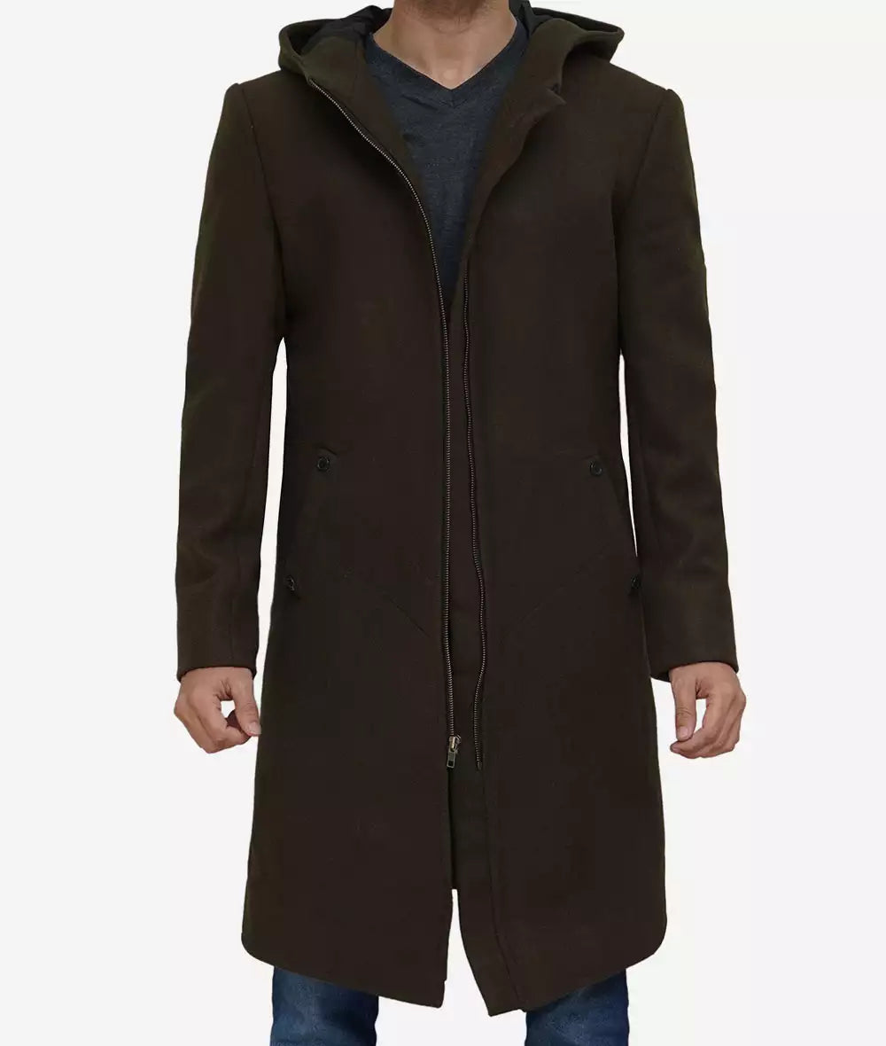 Delbert Men's Olive Green Premium Wool Coat with Hood image 0