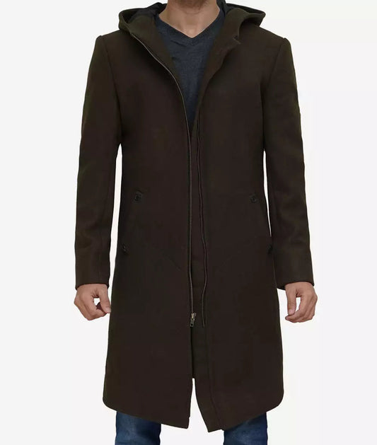 Delbert Men's Olive Green Premium Wool Coat with Hood image 0