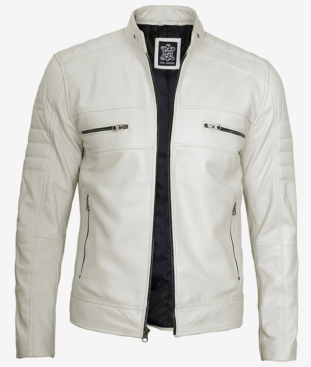 Men's Off White Cafe Racer Leather Jacket - Real Leather image 1