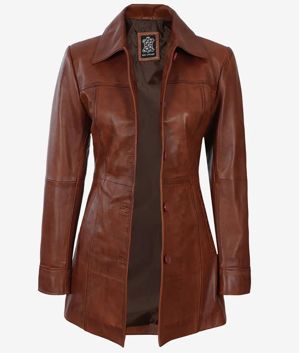 Women's Cognac Button Down 3/4 Length Leather Coat image 1