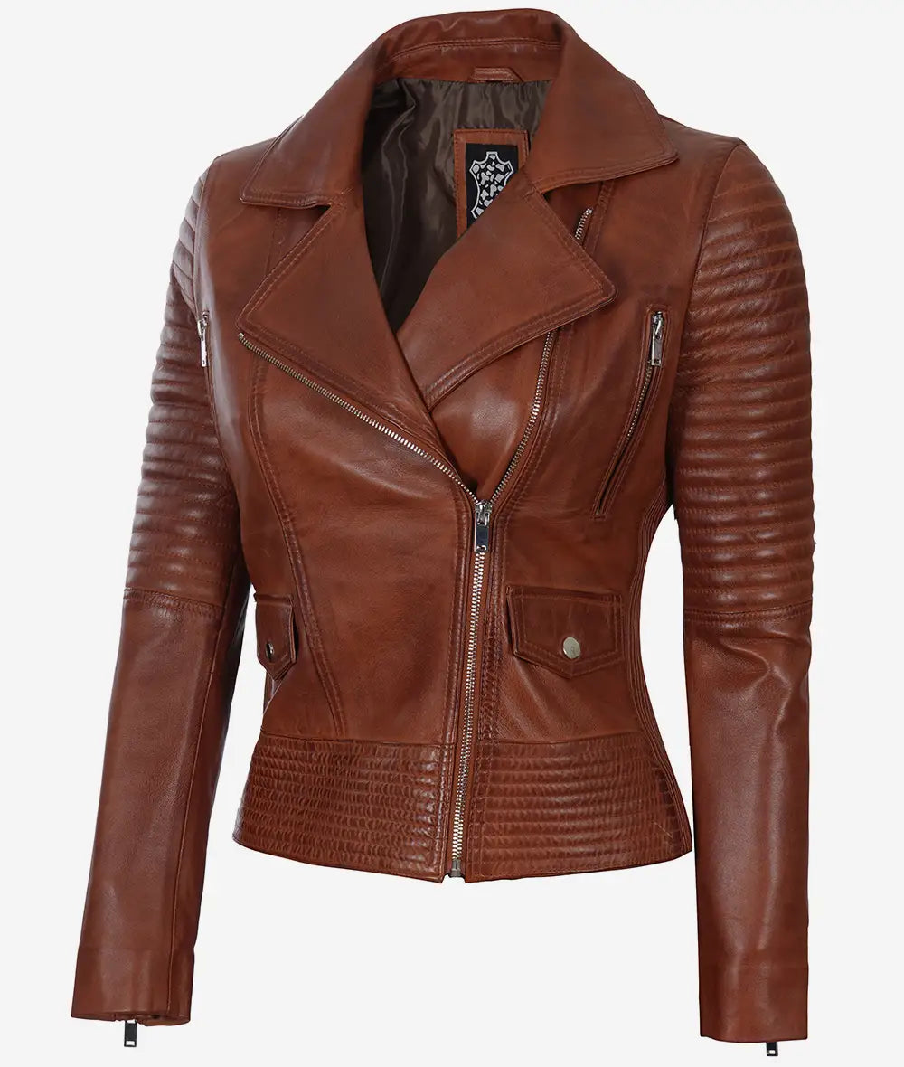 Women's Cognac Quilted Style Leather Moto Jacket image 1