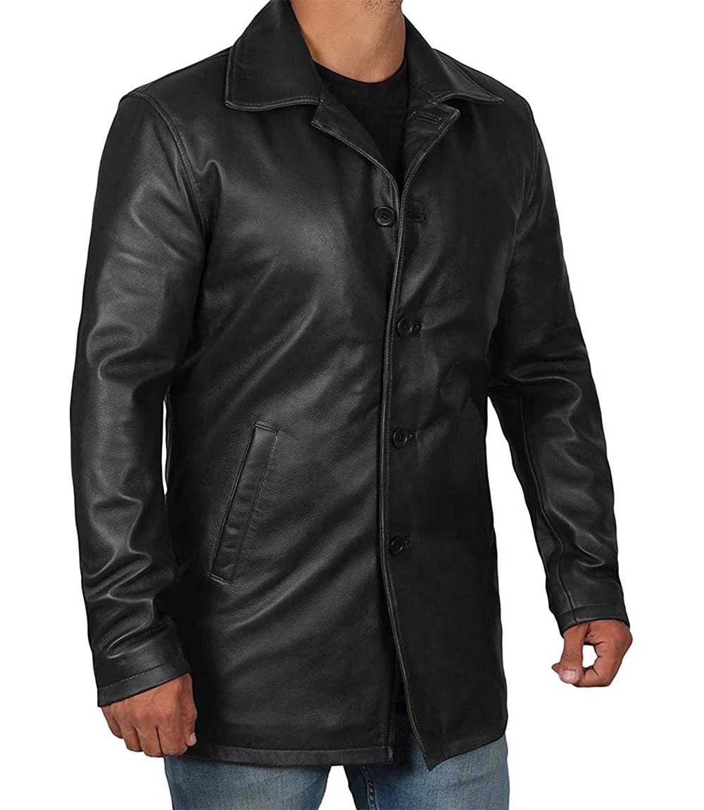 Men's Button Down Real Leather Black Car Coat image 1