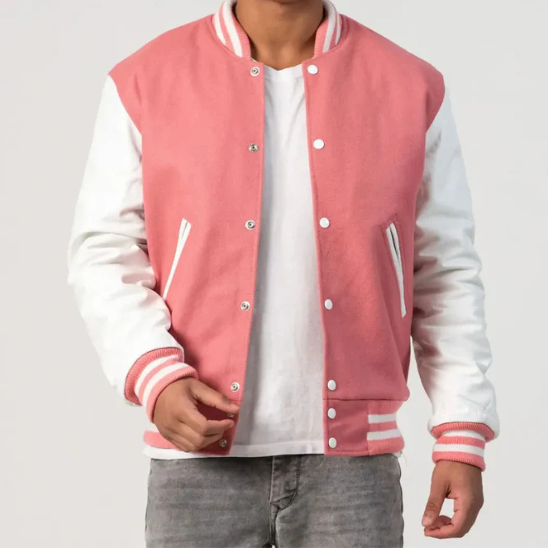Men's Pink and Bright White Wool Varsity Jacket image 1