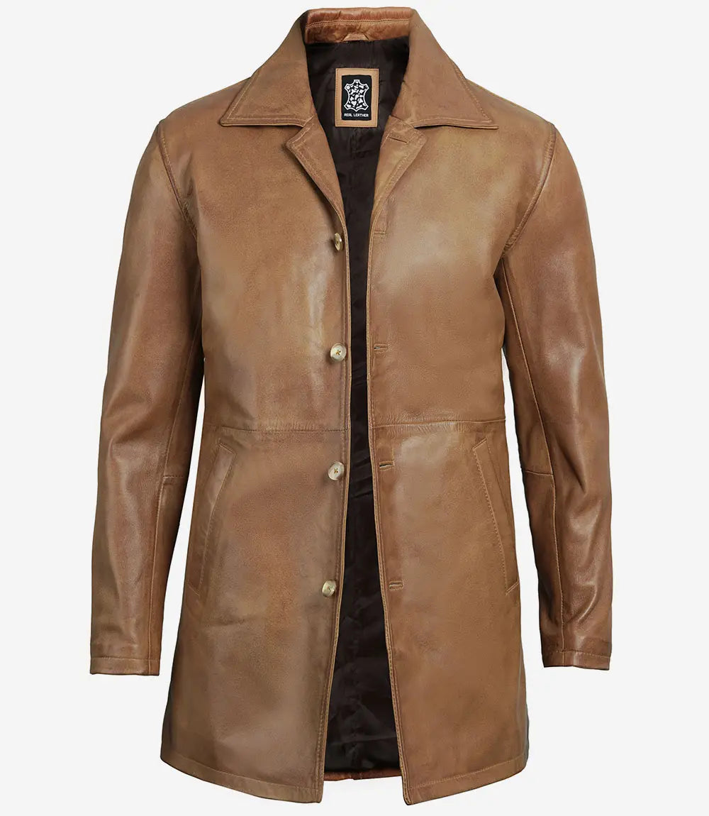 Men's Camel Brown Real Leather 3/4 Length Car Coat image 1