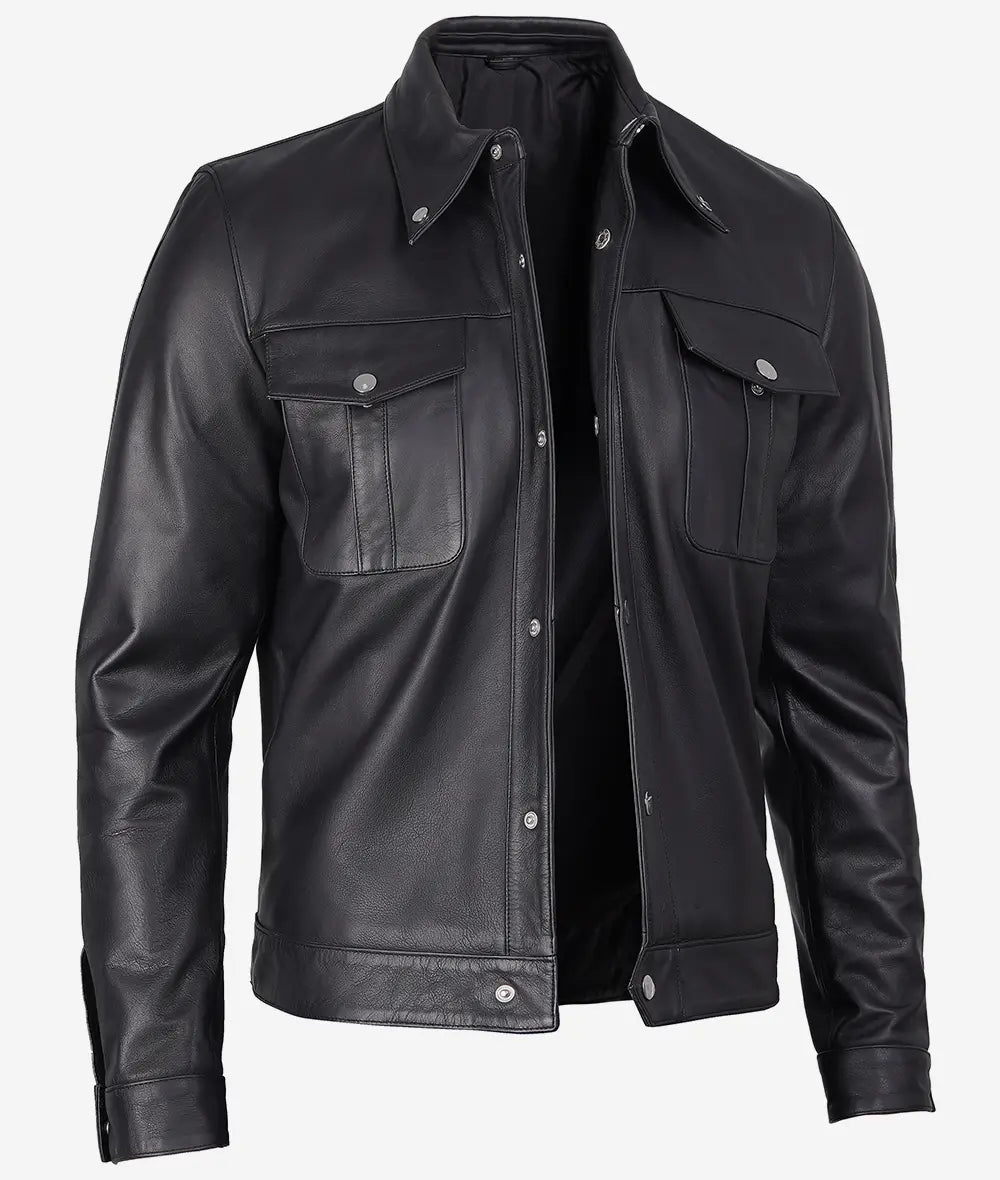 Men's Black Premium Trucker Leather Jacket : GRANDEUR EDITION image 1