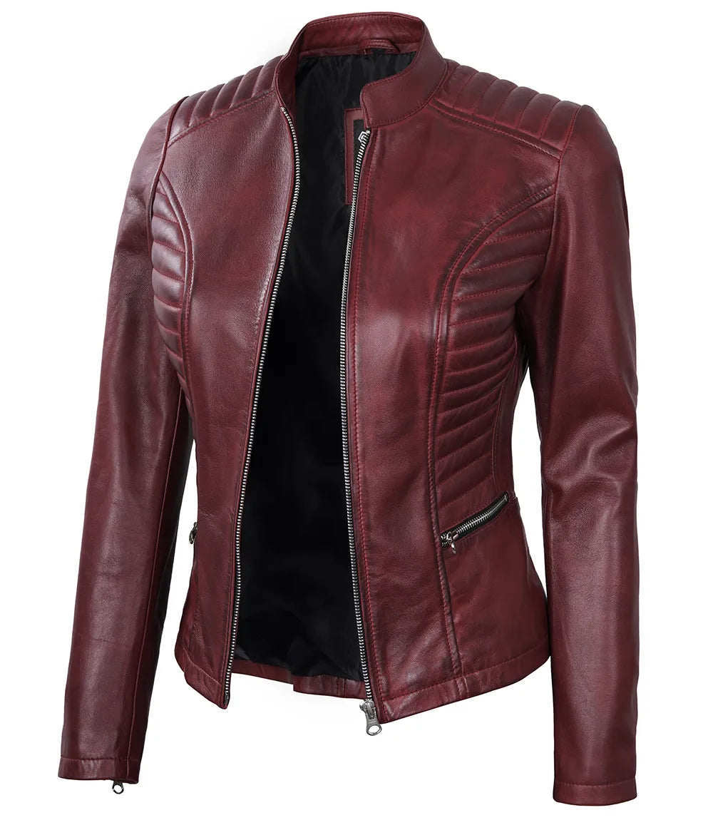 Women's Maroon Cafe Racer Leather Jacket image 1