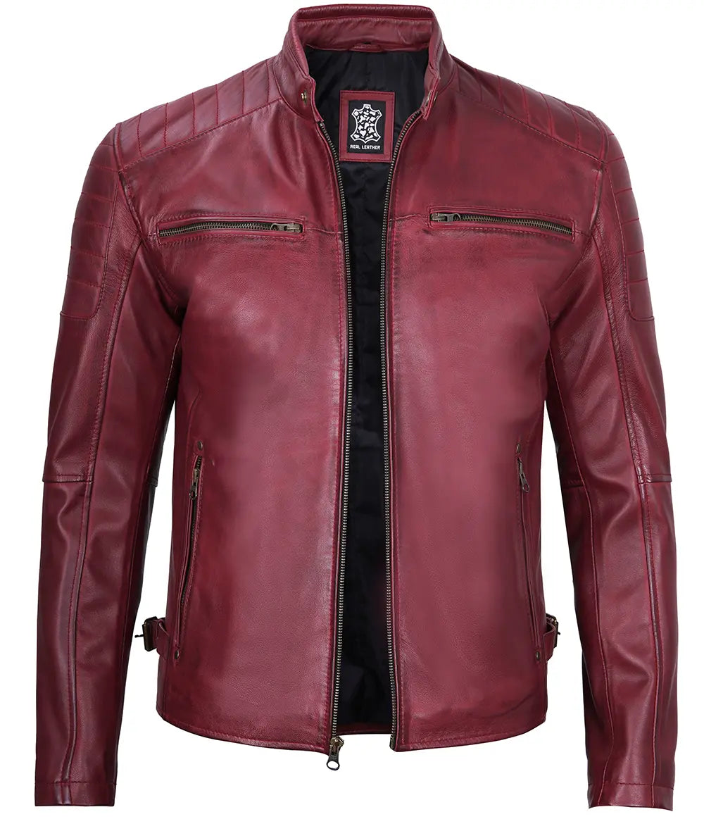 Men's Maroon Cafe Racer Waxed Leather Jacket image 1