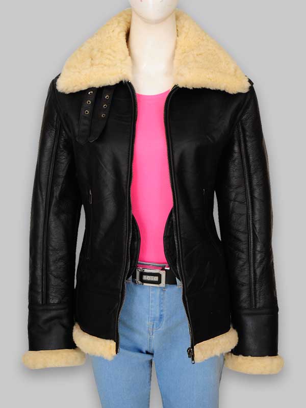B3 Women's Fur Shearling Black Leather Jacket image 2