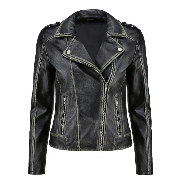 Women's Black Handwaxed Zip-Up Moto Leather Jacket image 0