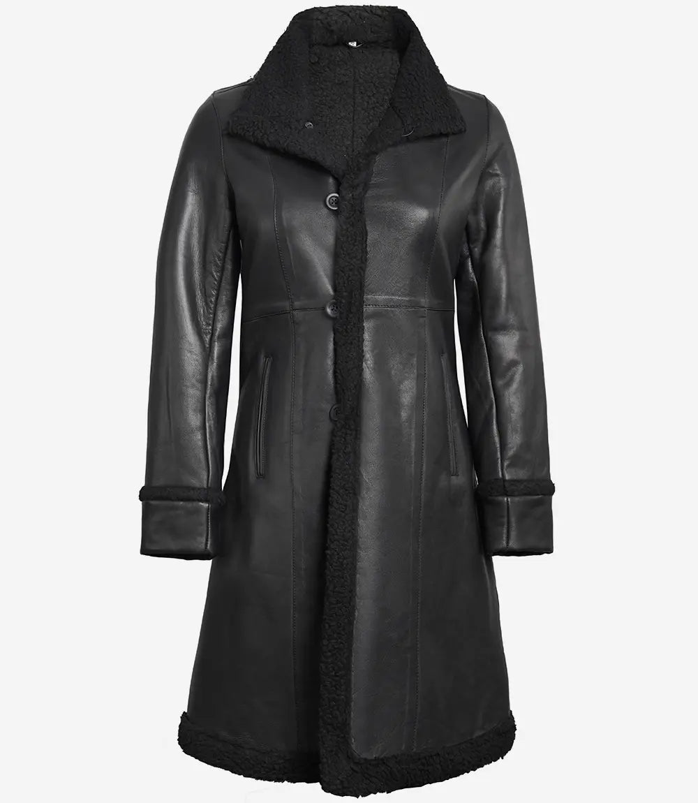 Women's Black Shearling Long Leather Coat image 0
