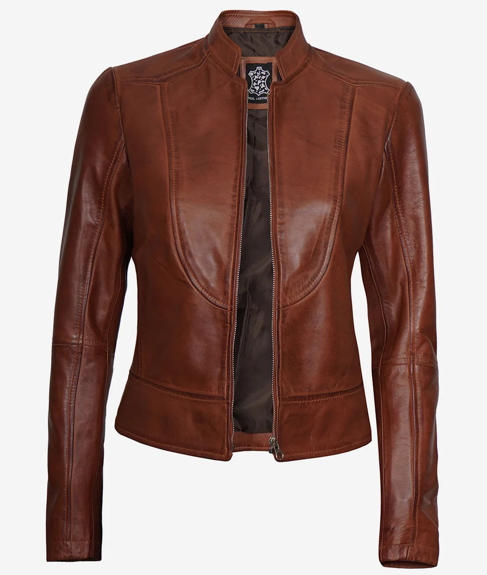Women's Cognac Slim Fit Leather Biker Jacket image 1