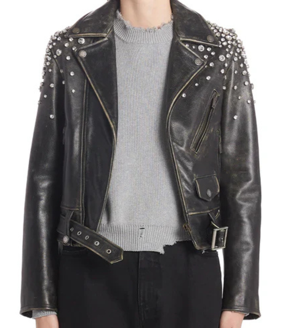 Women's Crystal Embellished Leather Moto Jacket image 0