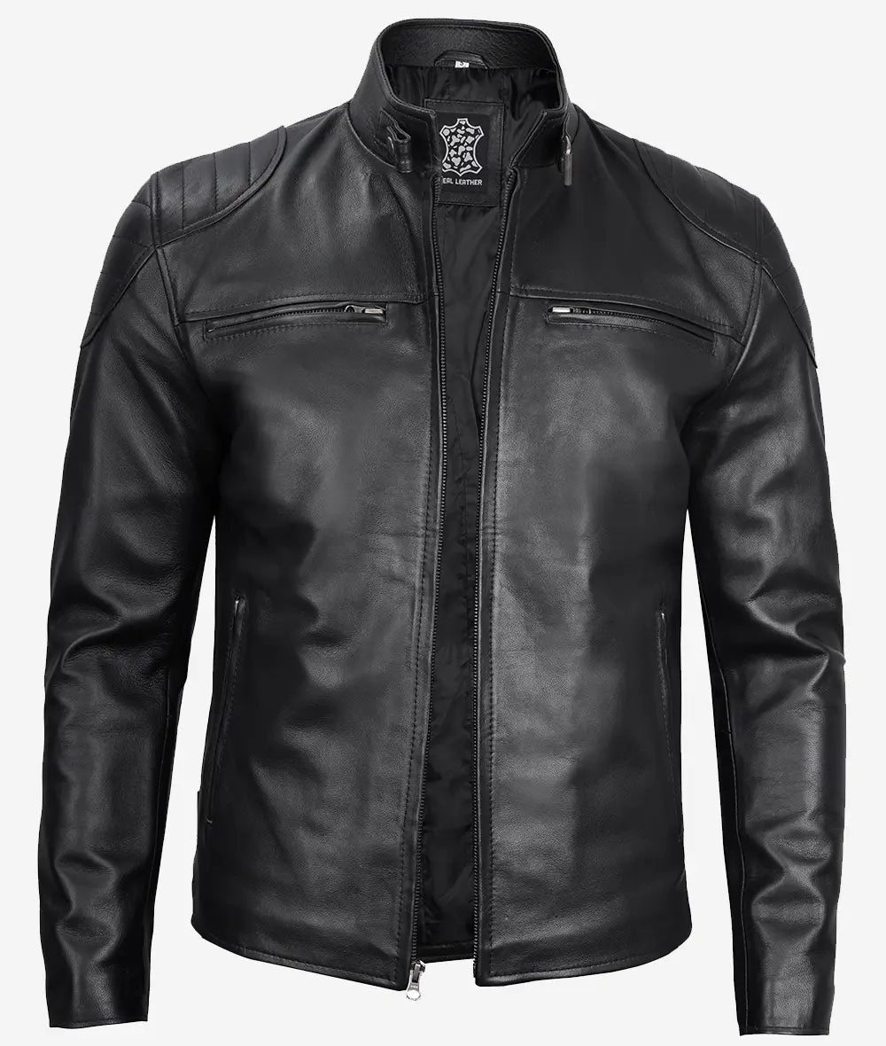 Men's Cafe Racer Black Lambskin Leather Jacket image 0
