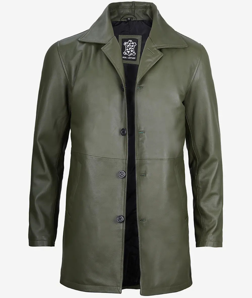 Men's Military Green 3/4 Length Real Leather Car Coat image 1