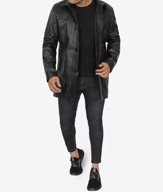 Bristol Men's Black Real Leather Car Coat - 3/4 Length Coat image 1