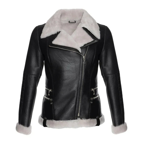 Women's Black Merino Wool White Faux Fur Shearling Leather Jacket image 0