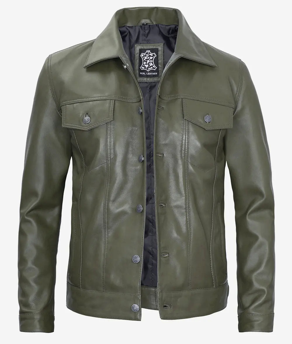 Men's Military Green Four Pockets Leather Trucker Jacket image 0