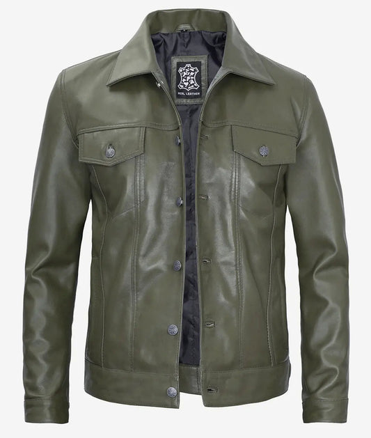 Men's Military Green Four Pockets Leather Trucker Jacket image 0