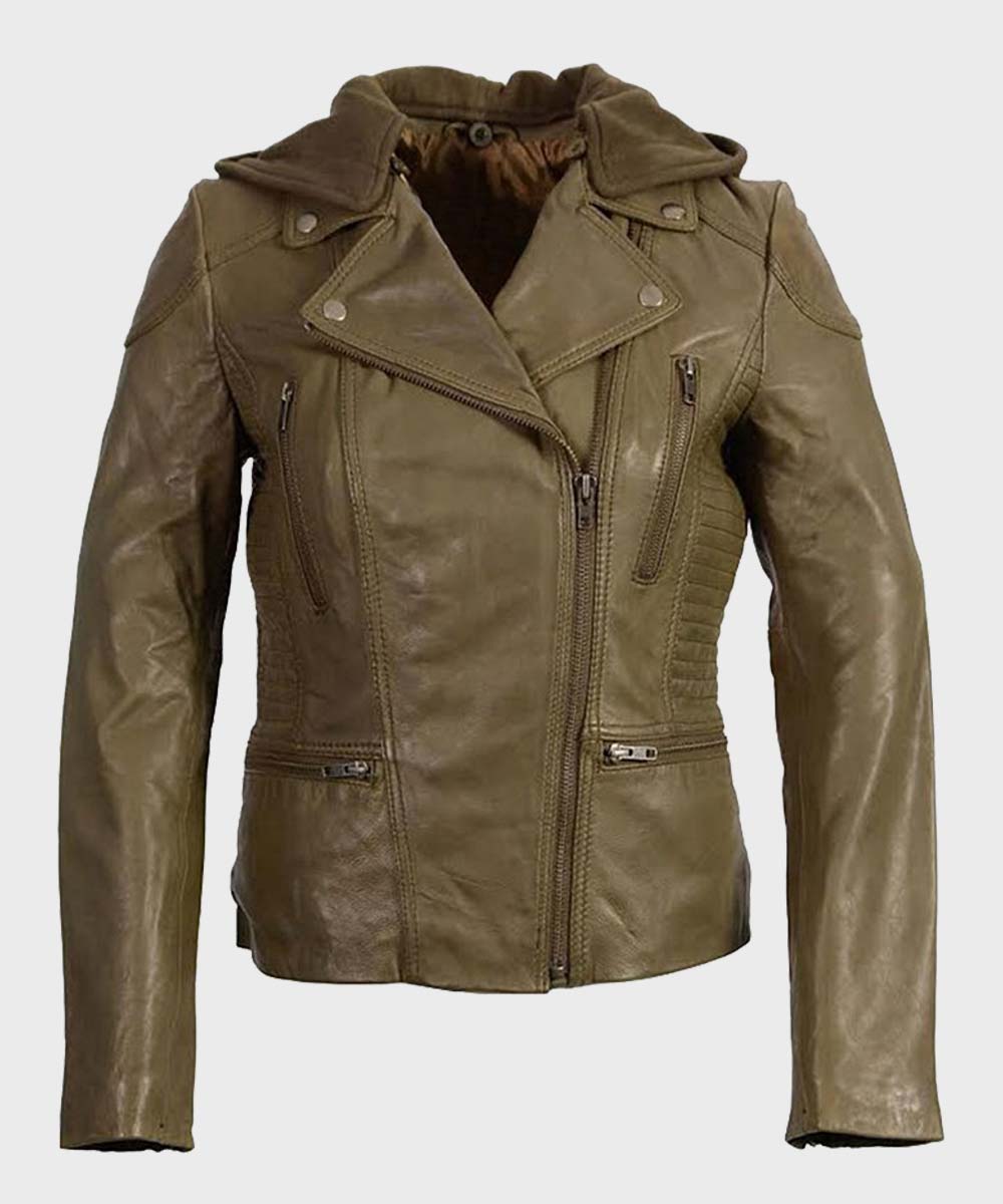 Womens Olive Motorcycle Leather Jacket image 0